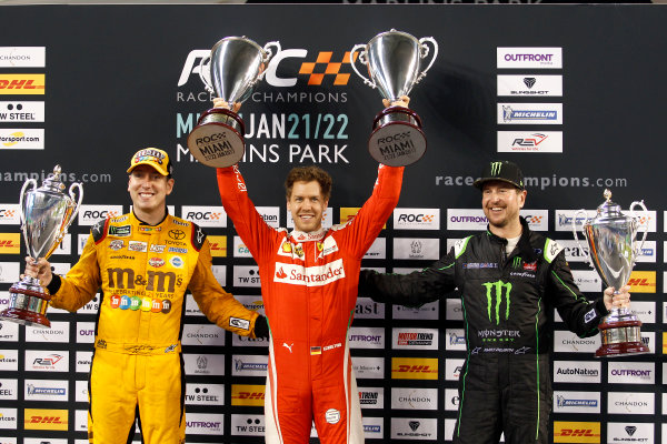 2017 Race of Champions
Miami, Florida, USA
Sunday 22 January 2017
Podium Nations cup: Race winner Sebastian Vettel; second place Team USA-NASCAR with Kyle Busch and Kurt Busch
World Copyright: Alexander Trienitz/LAT Photographic
ref: Digital Image 2017-RoC-MIA-AT2-3154