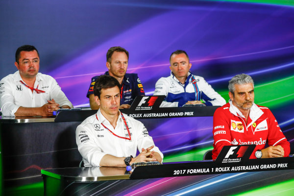 Albert Park, Melbourne, Australia.
Friday 24 March 2017.
Eric Boullier, Racing Director, McLaren, Toto Wolff, Executive Director (Business), Mercedes AMG, Christian Horner, Team Principal, Red Bull Racing, Paddy Lowe, Williams Martini Racing Formula 1, and Maurizio Arrivabene, Team Principal, Ferrari, in the Team Principals Press Conference.
World Copyright: Sam Bloxham/LAT Images
ref: Digital Image _J6I1830