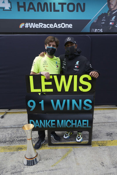 Lewis Hamilton, Mercedes-AMG Petronas F1, 1st position, celebrates with his team after securing his 91st F1 race win, equalling the record of Michael Schumacher Lewis Hamilton, Mercedes-AMG Petronas F1, 1st position, celebrates with his team after securing his 91st F1 race win, equalling the record of Michael Schumacher