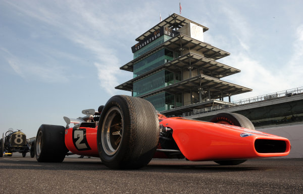 12 October, 2010, Indianapolis, Indiana, USA
33 Historic cars representing the 100 year history of the Indy 500 are gathered on the grid of the Indianapolis Motor Speedway
Â©2010, Dan R. Boyd, USA
LAT Photographic