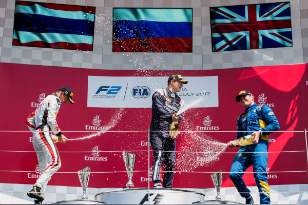 2017 FIA Formula 2 Round 5.
Red Bull Ring, Spielberg, Austria.
Sunday 9 July 2017.
Alexander Albon (THA, ART Grand Prix), Artem Markelov (RUS, RUSSIAN TIME) and Oliver Rowland (GBR, DAMS). 
Photo: Zak Mauger/FIA Formula 2.
ref: Digital Image _54I0360