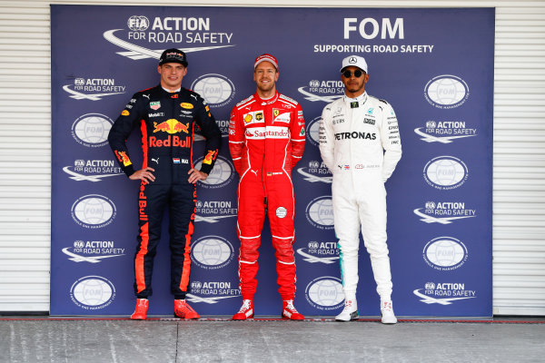 Autodromo Hermanos Rodriguez, Mexico City, Mexico.
Saturday 28 October 2017.
Top three Qualifiers Sebastian Vettel, Ferrari, Max Verstappen, Red Bul, and Lewis Hamilton, Mercedes AMG.
World Copyright: Glenn Dunbar/LAT Images 
ref: Digital Image _31I7298