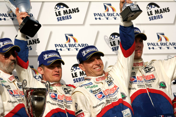 Circuit Paul Ricard, France. 1st - 3rd April 2011.
Six Hours Of Castellet.
Emmanuel Collard / Christophe Tinseau / Julien Jousse, Pescarolo Team, Pescarolo - Judd celebrate victory on the podium with Henri Pescarolo. 
Portrait.      
World Copyright: Drew Gibson/LAT Photographic.
ref: Digital Image _Y2Z2213