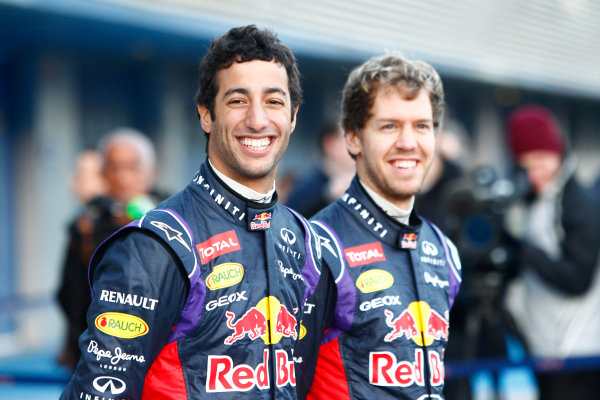 2014 F1 Pre Season Test 1 - Preview
Circuito de Jerez, Jerez, Spain.
Tuesday 28 January 2014.
Sebastian Vettel, Red Bull Racing. and Daniel Ricciardo, Red Bull Racing at the launch of the Red Bull RB10.
World Copyright: Alastair Staley/LAT Photographic.
ref: Digital Image _A8C7677