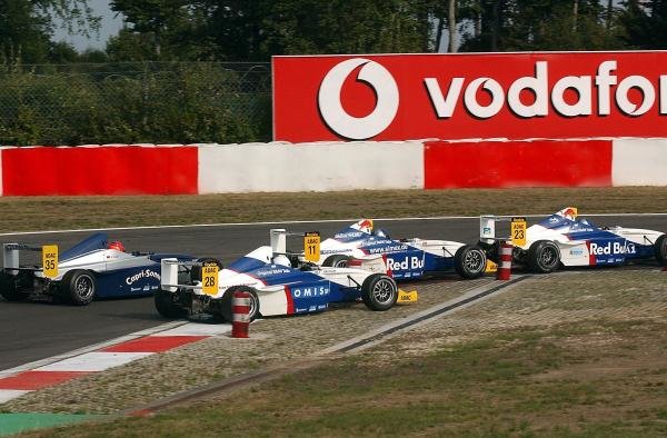 (R to L): Christopher Wassermann (AUT) Josef Kaufmann Racing, Sebastian Vettel (GER) Eifelland Racing, Davide Rigon (ITA) Team Lauderbach Motorsport and Adrian Sutil (GER) HBR Motorsport GmbH. 
Formula BMW ADAC Championship, Rd 13&14, Nurburgring, Germany. 17 August 2003. 
DIGITAL IMAGE