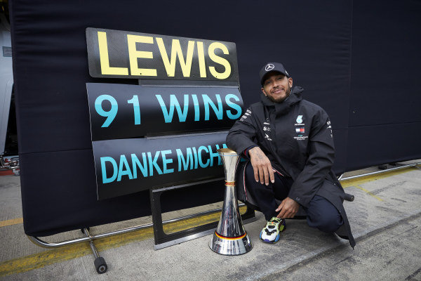 Lewis Hamilton, Mercedes-AMG Petronas F1, 1st position, celebrates after securing his 91st F1 race win, equalling the record of Michael Schumacher Lewis Hamilton, Mercedes-AMG Petronas F1, 1st position, celebrates after securing his 91st F1 race win, equalling the record of Michael Schumacher