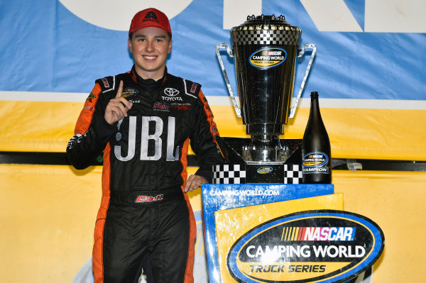 NASCAR Camping World Truck Series
Ford EcoBoost 200
Homestead-Miami Speedway, Homestead, FL USA
Friday 17 November 2017
Christopher Bell, JBL Toyota Tundra celebrates winning the 2017 NASCAR Camping world Truck Series Championship
World Copyright: Nigel Kinrade
LAT Images NASCAR Camping World Truck Series
Ford EcoBoost 200
Homestead-Miami Speedway, Homestead, FL USA
Friday 17 November 2017
Christopher Bell, JBL Toyota Tundra celebrates winning the 2017 NASCAR Camping world Truck Series Championship
World Copyright: Nigel Kinrade
LAT Images