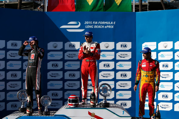 2014/2015 FIA Formula E Championship.
Long Beach ePrix, Long Beach, California, United States of America.
SuPodium. Nelson Piquet Jr (BRA)/China Racing - Spark-Renault SRT_01E, first, Jean-Eric Vergne (FRA)/Andretti Motorsport - Spark-Renault SRT_01E, second and Lucas di Grassi (BRA)/Audi Abt Sport - Spark-Renault SRT_01E, third.nday 5 April 2015
Photo: Zak Mauger/LAT/Formula E
ref: Digital Image _L0U8716
2014/2015 FIA Formula E Championship.
Long Beach ePrix, Long Beach, California, United States of America.
SuPodium. Nelson Piquet Jr (BRA)/China Racing - Spark-Renault SRT_01E, first, Jean-Eric Vergne (FRA)/Andretti Motorsport - Spark-Renault SRT_01E, second and Lucas di Grassi (BRA)/Audi Abt Sport - Spark-Renault SRT_01E, third.nday 5 April 2015
Photo: Zak Mauger/LAT/Formula E
ref: Digital Image _L0U8716