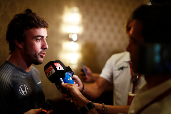 Bahrain International Circuit, Sakhir, Bahrain. 
Wednesday 12 April 2017.
Fernando Alonso talks to the media after announcing his deal to race in the 2017 Indianapolis 500 in an Andretti Autosport run McLaren Honda car.
World Copyright: Glenn Dunbar/LAT Images
ref: Digital Image _31I7004