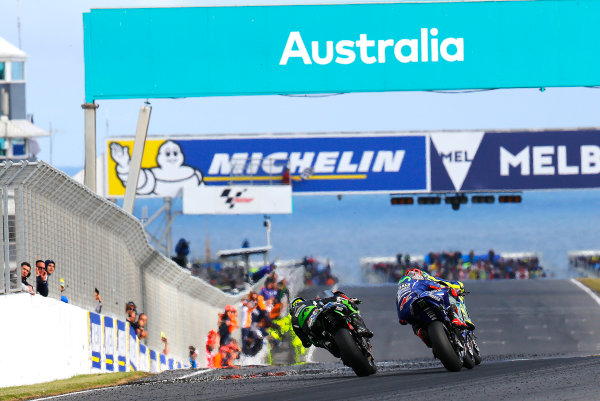 2017 MotoGP Championship - Round 16
Phillip Island, Australia.
Sunday 22 October 2017
Valentino Rossi, Yamaha Factory Racing, Maverick Viñales, Yamaha Factory Racing, Johann Zarco, Monster Yamaha Tech 3
World Copyright: Gold and Goose / LAT Images
ref: Digital Image 24464