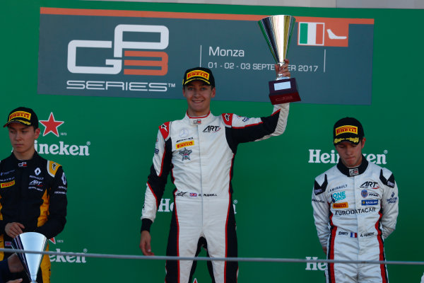 2017 GP3 Series Round 6. 
Autodromo Nazionale di Monza, Monza, Italy.
Sunday 3 September 2017.
Jack Aitken (GBR, ART Grand Prix), George Russell (GBR, ART Grand Prix), Anthoine Hubert (FRA, ART Grand Prix). 
Photo: Sam Bloxham/GP3 Series Media Service.
ref: Digital Image _W6I4477