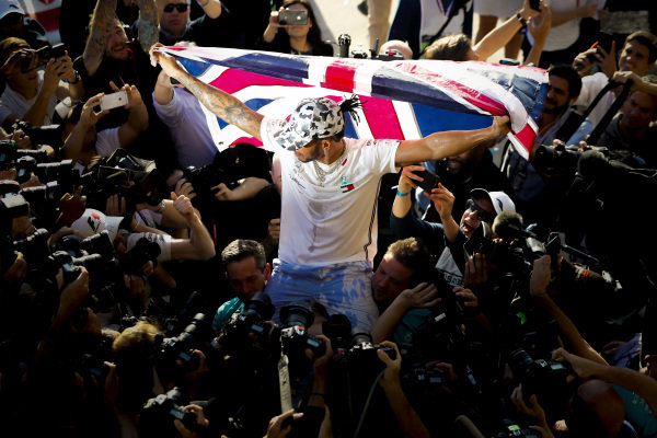 Lewis Hamilton, Mercedes AMG F1, 2nd position, celebrates after securing his sixth world drivers championship title