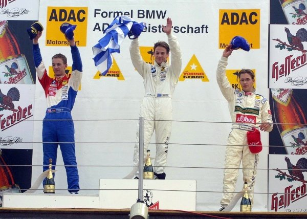 Podium and results:
1st. Alexander Margaritis (GRE), centre.
2nd Thomas Holzer (GER) ADAC Berlin-Brandenb. / MŸcke, left.
3rd Maximilian Gštz (GER) ADAC Nordbayern / MŸcke, right.
Formula BMW ADAC Championship, Rd5, Norisring, Germany. 30 June 2002.
DIGITAL IMAGE Podium and results:
1st. Alexander Margaritis (GRE), centre.
2nd Thomas Holzer (GER) ADAC Berlin-Brandenb. / MŸcke, left.
3rd Maximilian Gštz (GER) ADAC Nordbayern / MŸcke, right.
Formula BMW ADAC Championship, Rd5, Norisring, Germany. 30 June 2002.
DIGITAL IMAGE