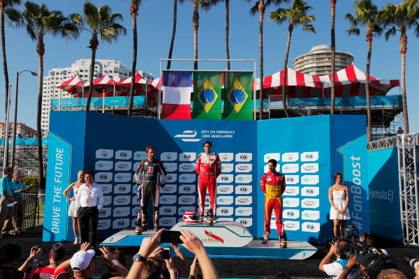 2014/2015 FIA Formula E Championship.
Long Beach ePrix, Long Beach, California, United States of America.
Sunday 5 April 2015
Podium. Nelson Piquet Jr (BRA)/China Racing - Spark-Renault SRT_01E, first, Jean-Eric Vergne (FRA)/Andretti Motorsport - Spark-Renault SRT_01E, second and Lucas di Grassi (BRA)/Audi Abt Sport - Spark-Renault SRT_01E, third.
Photo: Zak Mauger/LAT/Formula E
ref: Digital Image _MG_5739
2014/2015 FIA Formula E Championship.
Long Beach ePrix, Long Beach, California, United States of America.
Sunday 5 April 2015
Podium. Nelson Piquet Jr (BRA)/China Racing - Spark-Renault SRT_01E, first, Jean-Eric Vergne (FRA)/Andretti Motorsport - Spark-Renault SRT_01E, second and Lucas di Grassi (BRA)/Audi Abt Sport - Spark-Renault SRT_01E, third.
Photo: Zak Mauger/LAT/Formula E
ref: Digital Image _MG_5739
