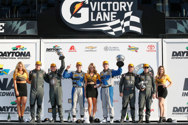 2017 BMW Endurance Challenge at Daytona
Daytona, Florida, USA.
Friday January 27 2017.
33, Porsche, Porsche Cayman GT4, GS, Till Bechtolsheimer, Marc Miller, 12, Porsche, Porsche Cayman GT4, GS, Cameron Cassels, Trent Hindman, 35, Porsche, Porsche Cayman GT4, GS, Russell Ward, Damien Faulkner, podium
World Copyright: Michael L. Levitt/LAT Images