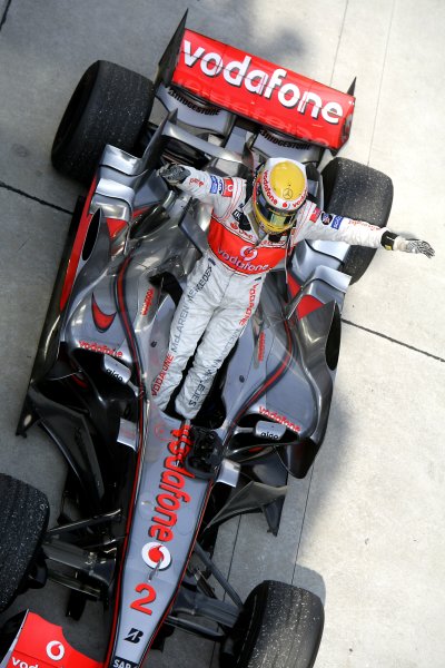 2007 Malaysian Grand Prix - Sunday Race
Sepang, Kuala Lumpur. Malaysia.
8th April 2007.
Lewis Hamilton, McLaren MP4-22 Mercedes, 2nd position, celebrates after parking his car. Podiums. Portrait. 
World Copyright: Steven Tee/LAT Photographic.
ref: Digital Image YY2Z7648A