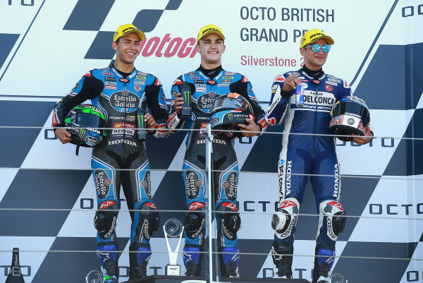 2017 Moto3 Championship - Round 12
Silverstone, Northamptonshire, UK.
Sunday 27 August 2017
Podium: race winner Aron Canet, Estrella Galicia 0,0, second place Enea Bastianini, Estrella Galicia 0,0, third place Jorge Martin, Del Conca Gresini Racing Moto3
World Copyright: Gold and Goose / LAT Images
ref: Digital Image 1118 2017 Moto3 Championship - Round 12
Silverstone, Northamptonshire, UK.
Sunday 27 August 2017
Podium: race winner Aron Canet, Estrella Galicia 0,0, second place Enea Bastianini, Estrella Galicia 0,0, third place Jorge Martin, Del Conca Gresini Racing Moto3
World Copyright: Gold and Goose / LAT Images
ref: Digital Image 1118