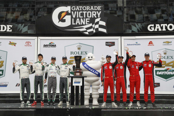 #29 Montaplast by Land Motorsport Audi R8 LMS GT3, GTD: Daniel Morad, Christopher Mies, Dries Vanthoor, #11 GRT Grasser Racing Team Lamborghini Huracan GT3, GTD: Mirko Bortolotti, Christian Engelhart, Rik Breukers, Rolf Ineichen, podium #29 Montaplast by Land Motorsport Audi R8 LMS GT3, GTD: Daniel Morad, Christopher Mies, Dries Vanthoor, #11 GRT Grasser Racing Team Lamborghini Huracan GT3, GTD: Mirko Bortolotti, Christian Engelhart, Rik Breukers, Rolf Ineichen, podium