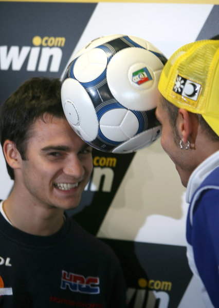 Donington Park, England. 18th June 2008.
Preview Day.
Dani Pedrosa and Valentino Rossi square up for their respective countries ahead of the Spain v Italy Euro Quarter Final .
World Copyright: Martin Heath/ LAT Photographic
ref: Digital Image Donington Park, England. 18th June 2008.
Preview Day.
Dani Pedrosa and Valentino Rossi square up for their respective countries ahead of the Spain v Italy Euro Quarter Final .
World Copyright: Martin Heath/ LAT Photographic
ref: Digital Image