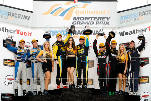 IMSA Continental Tire SportsCar Challenge
Mazda Raceway Laguna Seca 240
Mazda Raceway Laguna Seca
Monterey, CA USA
Saturday 23 September 2017
12, Porsche, Porsche Cayman GT4, GS, Cameron Cassels, Trent Hindman, 99, Aston Martin, Aston Martin Vantage, GS, Al Carter, Steven Phillips, 59, Ford, Ford Mustang, GS, Dean Martin, Jack Roush Jr, Nate Stacy, podium
World Copyright: YOUR NAME HERE
LAT Images IMSA Continental Tire SportsCar Challenge
Mazda Raceway Laguna Seca 240
Mazda Raceway Laguna Seca
Monterey, CA USA
Saturday 23 September 2017
12, Porsche, Porsche Cayman GT4, GS, Cameron Cassels, Trent Hindman, 99, Aston Martin, Aston Martin Vantage, GS, Al Carter, Steven Phillips, 59, Ford, Ford Mustang, GS, Dean Martin, Jack Roush Jr, Nate Stacy, podium
World Copyright: YOUR NAME HERE
LAT Images
