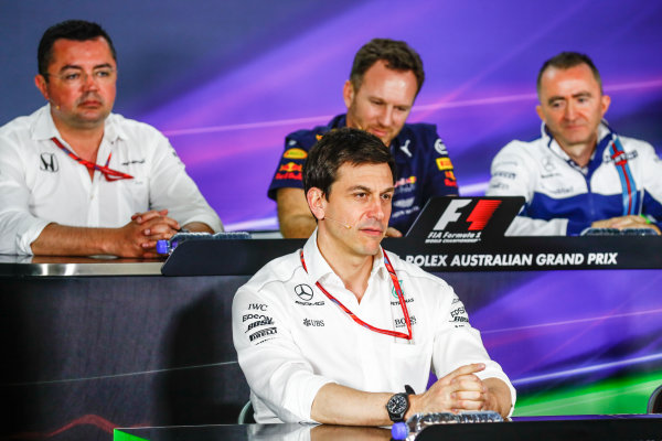 Albert Park, Melbourne, Australia.
Friday 24 March 2017.
Eric Boullier, Racing Director, McLaren, Christian Horner, Team Principal, Red Bull Racing, Toto Wolff, Executive Director (Business), Mercedes AMG, and Paddy Lowe, Williams Martini Racing Formula 1, in the Team Principals Press Conference.
World Copyright: Sam Bloxham/LAT Images
ref: Digital Image _J6I1836 Albert Park, Melbourne, Australia.
Friday 24 March 2017.
Eric Boullier, Racing Director, McLaren, Christian Horner, Team Principal, Red Bull Racing, Toto Wolff, Executive Director (Business), Mercedes AMG, and Paddy Lowe, Williams Martini Racing Formula 1, in the Team Principals Press Conference.
World Copyright: Sam Bloxham/LAT Images
ref: Digital Image _J6I1836