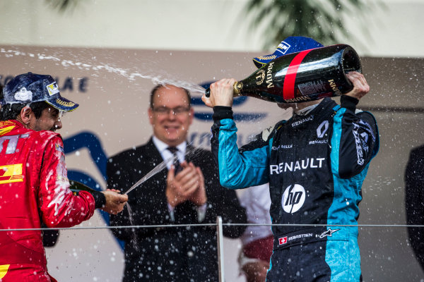 2016/2017 FIA Formula E Championship.
Monte-Carlo, Monaco
Saturday 13 May 2017.
Sebastien Buemi (SUI), Renault e.Dams, Spark-Renault, Renault Z.E 16, celebrates on the podium with Lucas Di Grassi (BRA), ABT Schaeffler Audi Sport, Spark-Abt Sportsline, ABT Schaeffler FE02.
Photo: Andrew Ferraro/LAT/Formula E
ref: Digital Image _FER8833