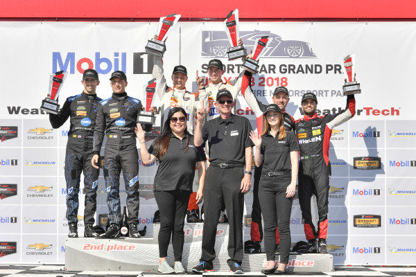 #54 CORE autosport ORECA LMP2, P: Jon Bennett, Colin Braun celebrates the win on the podium with #10 Wayne Taylor Racing Cadillac DPi, P: Renger van der Zande, Jordan Taylor, #31 Action Express Racing Cadillac DPi, P: Eric Curran, Felipe Nasr, and Mobil 1 guests #54 CORE autosport ORECA LMP2, P: Jon Bennett, Colin Braun celebrates the win on the podium with #10 Wayne Taylor Racing Cadillac DPi, P: Renger van der Zande, Jordan Taylor, #31 Action Express Racing Cadillac DPi, P: Eric Curran, Felipe Nasr, and Mobil 1 guests