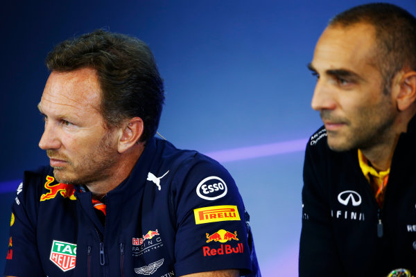 Spa Francorchamps, Belgium. 
Friday 25 August 2017.Christian Horner, Team Principal, Red Bull Racing, and Cyril Abiteboul, Managing Director, Renault Sport F1, in the Team Principals Press Conference.
World Copyright: Andy Hone/LAT Images 
ref: Digital Image _ONZ9424