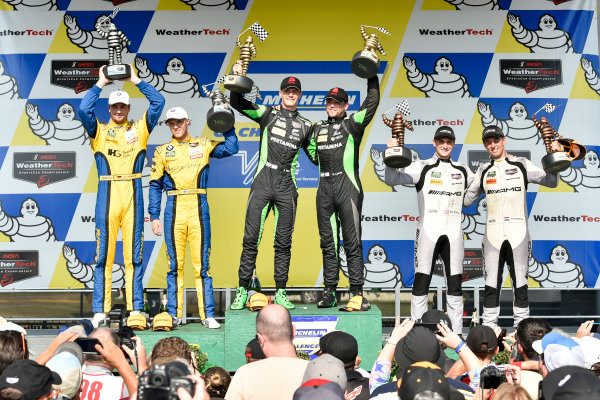 IMSA WeatherTech SportsCar Championship
Michelin GT Challenge at VIR
Virginia International Raceway, Alton, VA USA
Sunday 27 August 2017
16, Lamborghini, Lamborghini Huracan GT3, GTD, Corey Lewis, Geert Jeroen Mul, 96, BMW, BMW M6 GT3, Jesse Krohn, Jens Klingmann, 33, Mercedes, Mercedes AMG GT3, Ben Keating, Jeroen Bleekemolen celebrate in victory lane on podium
World Copyright: Scott R LePage
LAT Images IMSA WeatherTech SportsCar Championship
Michelin GT Challenge at VIR
Virginia International Raceway, Alton, VA USA
Sunday 27 August 2017
16, Lamborghini, Lamborghini Huracan GT3, GTD, Corey Lewis, Geert Jeroen Mul, 96, BMW, BMW M6 GT3, Jesse Krohn, Jens Klingmann, 33, Mercedes, Mercedes AMG GT3, Ben Keating, Jeroen Bleekemolen celebrate in victory lane on podium
World Copyright: Scott R LePage
LAT Images