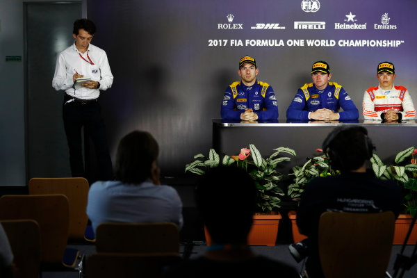 Hungaroring, Budapest, Hungary. 
Saturday 29 July 2017.
The feature race F2 press conference. L-R: Nicholas Latifi (CAN, DAMS) 2nd, race winner Oliver Rowland (GBR, DAMS), and Nyck De Vries (NED, Rapax), 3rd.
World Copyright: Glenn Dunbar/FIA Formula 2 Media Service. 
ref: Digital Image _X4I0076