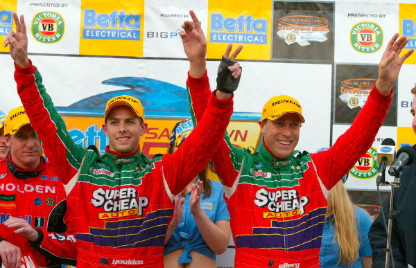 2003 Australian V8 Supercars, Round 9, Sandown, 14th September 2003.
FORD Falcon BA drivers Steve Ellery and Louke Youlden on the podium after finishing second in the Betta Electrical 500 held at Melbournes Sandown International Raceway today. Ellery and Youlden finished second.
Photo: Mark Horsburgh/LAT Photographic 2003 Australian V8 Supercars, Round 9, Sandown, 14th September 2003.
FORD Falcon BA drivers Steve Ellery and Louke Youlden on the podium after finishing second in the Betta Electrical 500 held at Melbournes Sandown International Raceway today. Ellery and Youlden finished second.
Photo: Mark Horsburgh/LAT Photographic