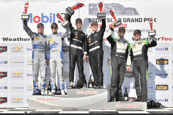 #33 Riley Motorsports Mercedes AMG GT3, GTD: Jeroen Bleekemolen, Ben Keating celebrates the win in Victory Lane on the podium with #14 3GT Racing Lexus RCF GT3, GTD: Dominik Baumann, Kyle Marcelli, #44 Magnus Racing Audi R8 LMS GT3, GTD: John Potter, Andy Lally #33 Riley Motorsports Mercedes AMG GT3, GTD: Jeroen Bleekemolen, Ben Keating celebrates the win in Victory Lane on the podium with #14 3GT Racing Lexus RCF GT3, GTD: Dominik Baumann, Kyle Marcelli, #44 Magnus Racing Audi R8 LMS GT3, GTD: John Potter, Andy Lally