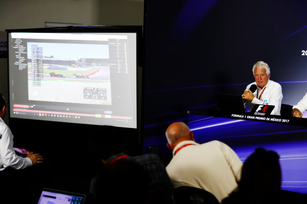 Autodromo Hermanos Rodriguez, Mexico City, Mexico.
Thursday 26 October 2017.
Charlie Whiting, Race Director, FIA, holds a press conference about the controversial Max Verstappen, Red Bull Racing, overtake on Kimi Raikkonen, Ferrari, at the previous race in Austin.
World Copyright: Sam Bloxham/LAT Images
ref: Digital Image _W6I9044 Autodromo Hermanos Rodriguez, Mexico City, Mexico.
Thursday 26 October 2017.
Charlie Whiting, Race Director, FIA, holds a press conference about the controversial Max Verstappen, Red Bull Racing, overtake on Kimi Raikkonen, Ferrari, at the previous race in Austin.
World Copyright: Sam Bloxham/LAT Images
ref: Digital Image _W6I9044
