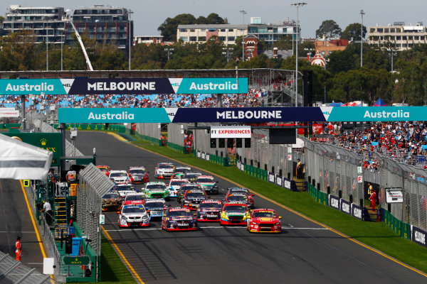 Australian Supercars Series
Albert Park, Melbourne, Australia.
Sunday 26 March 2017.
Race 4.
Fabian Coulthard, No.12 Ford Falcon FG-X, Shell V-Power Racing Team, and Jamie Whincup, No.88 Holden Commodore VF, Red Bull Holden Racing Team, lead the field away at the start.
World Copyright: Zak Mauger/LAT Images
ref: Digital Image _56I0144 Australian Supercars Series
Albert Park, Melbourne, Australia.
Sunday 26 March 2017.
Race 4.
Fabian Coulthard, No.12 Ford Falcon FG-X, Shell V-Power Racing Team, and Jamie Whincup, No.88 Holden Commodore VF, Red Bull Holden Racing Team, lead the field away at the start.
World Copyright: Zak Mauger/LAT Images
ref: Digital Image _56I0144