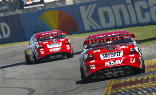 2002 Australian V8 Supercars
Adelaide Clipsal 500. Australia. 17th March 2002
HRT's Jason Bright leads team mate Mark Skaife, last years series champion for 72 laps unit hitting the wall on the exit of turn nine which put an end to his race.
World Copyright: Mark Horsburgh/LAT Photographic
ref: Digital Image Only 2002 Australian V8 Supercars
Adelaide Clipsal 500. Australia. 17th March 2002
HRT's Jason Bright leads team mate Mark Skaife, last years series champion for 72 laps unit hitting the wall on the exit of turn nine which put an end to his race.
World Copyright: Mark Horsburgh/LAT Photographic
ref: Digital Image Only