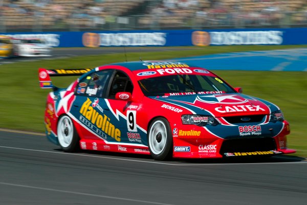 2003 Australian V8 Supercars Melbourne
Victoria,Australia 9th March 2003
Ford driver Russell Ingall takes the first win for the 2003 cars during the V8 Supercars at the 2003 Australian GP.
World Copyright: Mark Horsburgh/LAT
Photographic ref: Digital Image Only

