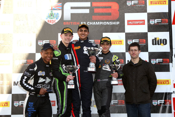 2016 BRDC British Formula 3 Championship,
Snetterton, Norfolk. 27th - 28th March 2016.
Race 3 Podium (l-r) Sisa Ngebulana (RSA) HHC Motorsport BRDC F3, Toby Sowery (GBR) Lanan Racing BRDC F3, Enaam Ahmed (GBR) Douglas Motorsport BRDC F3, Lando Norris (GBR) Carlin BRDC F4, Alexander Sims (GBR).
World Copyright: Ebrey / LAT Photographic.