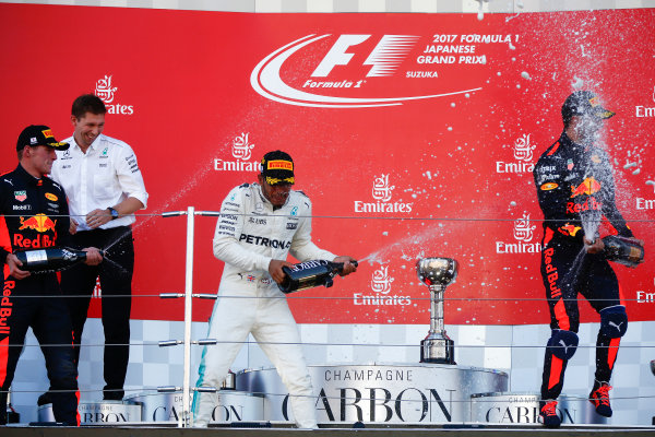 Suzuka Circuit, Japan.
Sunday 8 October 2017.
Max Verstappen, Red Bull, 2nd Position, Lewis Hamilton, Mercedes AMG, 1st Position, and Daniel Ricciardo, Red Bull Racing, 3rd Position, celebrate with Champagne on the podium.
World Copyright: Andrew Hone/LAT Images
ref: Digital Image _ONY8799 Suzuka Circuit, Japan.
Sunday 8 October 2017.
Max Verstappen, Red Bull, 2nd Position, Lewis Hamilton, Mercedes AMG, 1st Position, and Daniel Ricciardo, Red Bull Racing, 3rd Position, celebrate with Champagne on the podium.
World Copyright: Andrew Hone/LAT Images
ref: Digital Image _ONY8799