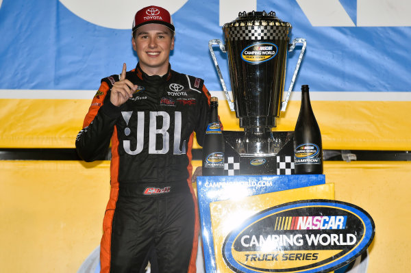 NASCAR Camping World Truck Series
Ford EcoBoost 200
Homestead-Miami Speedway, Homestead, FL USA
Friday 17 November 2017
Christopher Bell, JBL Toyota Tundra celebrates winning the 2017 NASCAR Camping world Truck Series Championship
World Copyright: Nigel Kinrade
LAT Images