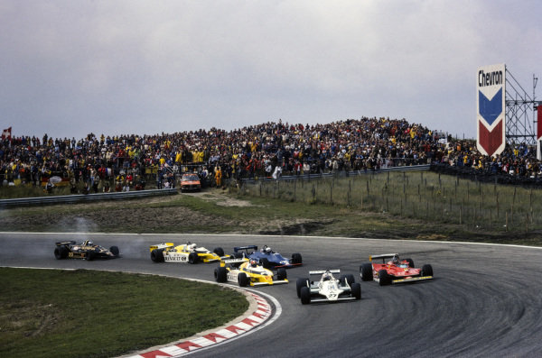 Alan Jones, Williams FW07 Ford leads Gilles Villeneuve, Ferrari 312T4 and Jean-Pierre Jabouille, Renault RS10.