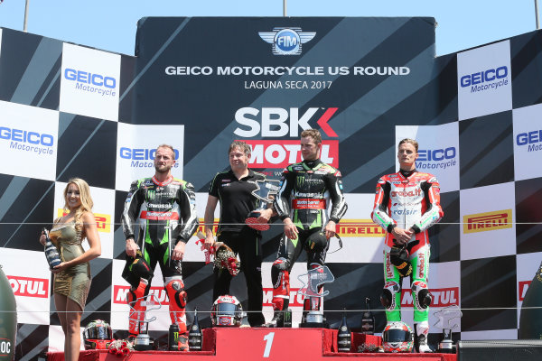 2017 Superbike World Championship - Round 8
Laguna Seca, USA.
Sunday 9 July 2017
Podium: winner Jonathan Rea, Kawasaki Racing, second place Tom Sykes, Kawasaki Racing, third place Chaz Davies, Ducati Team
World Copyright: Gold and Goose/LAT Images
ref: Digital Image 683404 2017 Superbike World Championship - Round 8
Laguna Seca, USA.
Sunday 9 July 2017
Podium: winner Jonathan Rea, Kawasaki Racing, second place Tom Sykes, Kawasaki Racing, third place Chaz Davies, Ducati Team
World Copyright: Gold and Goose/LAT Images
ref: Digital Image 683404