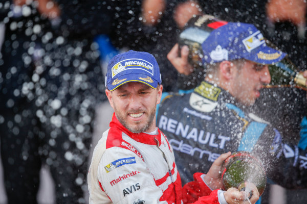 2016/2017 FIA Formula E Championship.
Monte-Carlo, Monaco
Saturday 13 May 2017.
Nick Heidfeld (GER), Mahindra Racing, Spark-Mahindra, Mahindra M3ELECTRO, sprays the champagne on the podium.
Photo: Alastair Staley/LAT/Formula E
ref: Digital Image _X0W1405