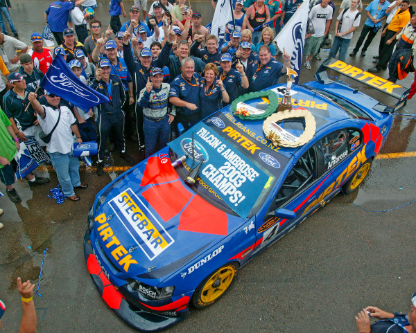 Australian V8 Supercars, Round 13, Eastert Creek, Sydney. 30th Nov 2003.
Ford driver Marcos Ambrose takes victory in race 2 to win the 2003 V8 Supercar Championship at the VIP Petfoods Main Event at Eastern Creek International Raceway 20km west of Sydney NSW, Australia.
Photo: Mark Horsburgh/LAT Photographic Australian V8 Supercars, Round 13, Eastert Creek, Sydney. 30th Nov 2003.
Ford driver Marcos Ambrose takes victory in race 2 to win the 2003 V8 Supercar Championship at the VIP Petfoods Main Event at Eastern Creek International Raceway 20km west of Sydney NSW, Australia.
Photo: Mark Horsburgh/LAT Photographic
