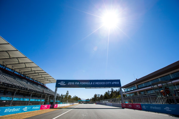 2015/2016 FIA Formula E Championship.
Mexico City ePrix, Autodromo Hermanos Rodriguez, Mexico City, Mexico.
Friday 11 March 2016.
A view of the start/finish straight.
Photo: Zak Mauger/LAT/Formula E
ref: Digital Image _L0U7436