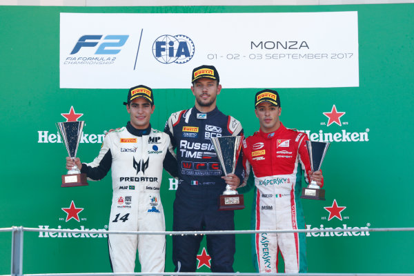 2017 FIA Formula 2 Round 9.
Autodromo Nazionale di Monza, Monza, Italy.
Sunday 3 September 2017.
Sergio Sette Camara (BRA, MP Motorsport), Luca Ghiotto (ITA, RUSSIAN TIME), Antonio Fuoco (ITA, PREMA Racing).
Photo: Sam Bloxham/FIA Formula 2.
ref: Digital Image _W6I4979 2017 FIA Formula 2 Round 9.
Autodromo Nazionale di Monza, Monza, Italy.
Sunday 3 September 2017.
Sergio Sette Camara (BRA, MP Motorsport), Luca Ghiotto (ITA, RUSSIAN TIME), Antonio Fuoco (ITA, PREMA Racing).
Photo: Sam Bloxham/FIA Formula 2.
ref: Digital Image _W6I4979
