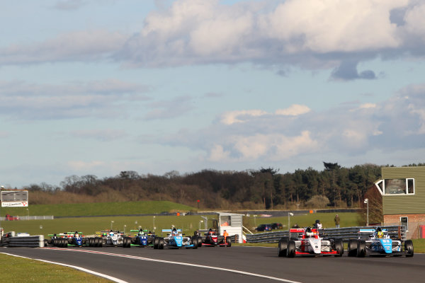 2016 BRDC British Formula 3 Championship,
Snetterton, Norfolk. 27th - 28th March 2016.
Start of Race 3 Enaam Ahmed (GBR) Douglas Motorsport BRDC F3 leads Toby Sowery (GBR) Lanan Racing BRDC F3. 
World Copyright: Ebrey / LAT Photographic.