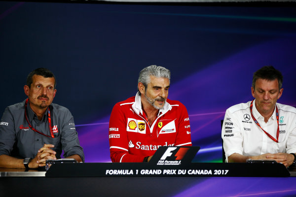 Circuit Gilles Villeneuve, Montreal, Canada.
Friday 09 June 2017.
The Friday press conference. L-R: Guenther Steiner, Team Principal, Haas F1, Maurizio Arrivabene, Team Principal, Ferrari and James Allison, Technical Director, Mercedes AMG. 
World Copyright: Andy Hone/LAT Images
ref: Digital Image _ONY3744